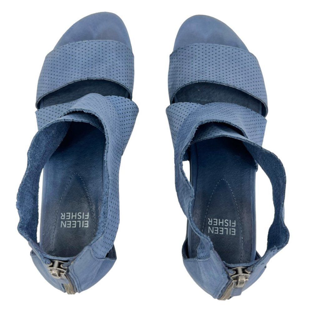 Eileen Fisher Blue Perforated Wedge Sandals - Picture 8 of 10